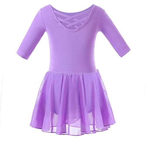 Bezioner Maillot de Danza Vestido de Ballet Gimnasia Leotardo Body Clásico con Manga Media para Niña Morado 140