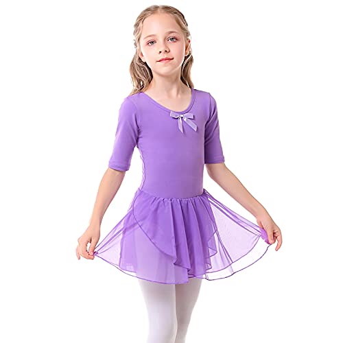 Bezioner Maillot de Danza Vestido de Ballet Gimnasia Leotardo Body Clásico con Manga Media para Niña Morado 140