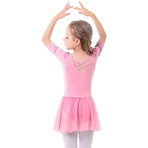 Bezioner Maillot de Danza Vestido de Ballet Gimnasia Leotardo Body Clásico con Manga Media para Niña Pink 100