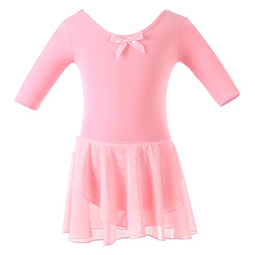 Bezioner Maillot de Danza Vestido de Ballet Gimnasia Leotardo Body Clásico con Manga Media para Niña Pink 100