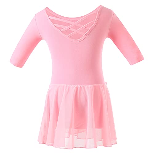 Bezioner Maillot de Danza Vestido de Ballet Gimnasia Leotardo Body Clásico con Manga Media para Niña Pink 100