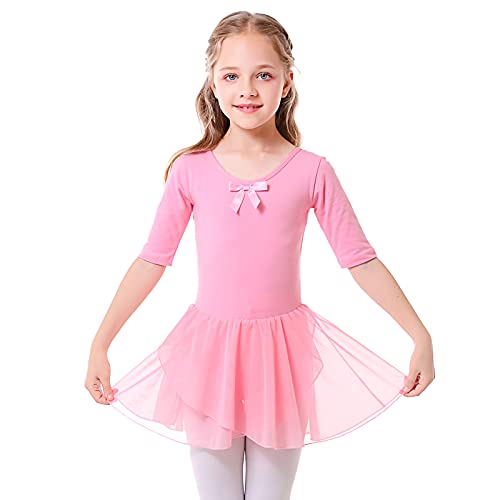 Bezioner Maillot de Danza Vestido de Ballet Gimnasia Leotardo Body Clásico con Manga Media para Niña Pink 100