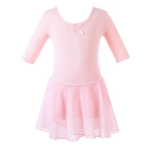 Bezioner Maillot de Danza Vestido de Ballet Gimnasia Leotardo Body Clásico con Manga Media para Niña Rosa 100