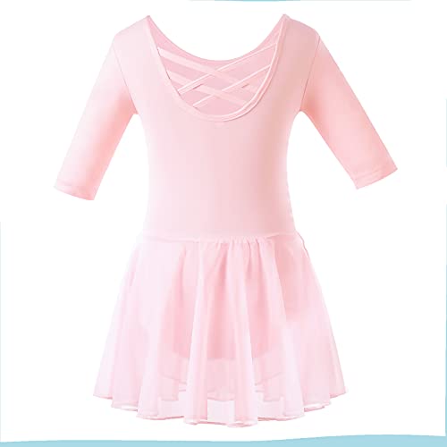 Bezioner Maillot de Danza Vestido de Ballet Gimnasia Leotardo Body Clásico con Manga Media para Niña Rosa 100