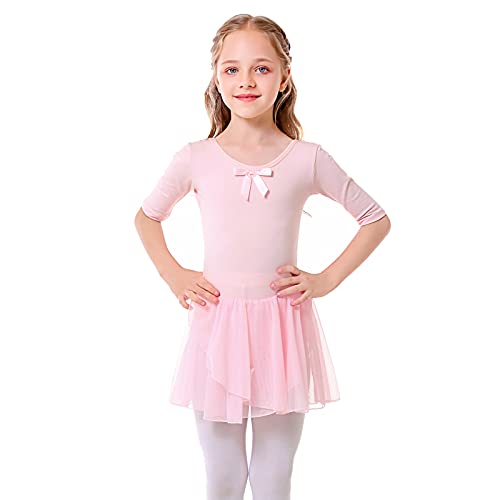 Bezioner Maillot de Danza Vestido de Ballet Gimnasia Leotardo Body Clásico con Manga Media para Niña Rosa 100