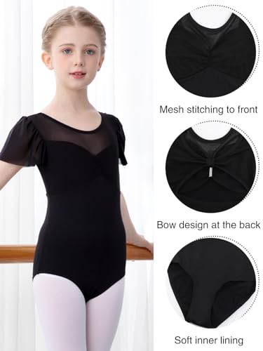 Bezioner Maillot Gimnasia Ritmica Niña, Maillot Ballet Niña leotardos de Danza manga de soplo para Niños de 2 a 10 Años Negro 120