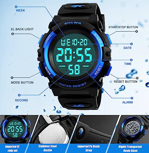 BHGWR 5 Relojes Deportivos para niños, a Prueba de Agua con Alarma/Temporizador/luz, Azul