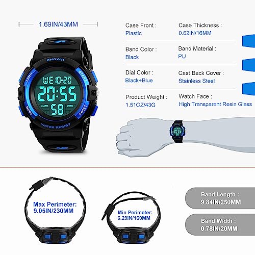 BHGWR 5 Relojes Deportivos para niños, a Prueba de Agua con Alarma/Temporizador/luz, Azul