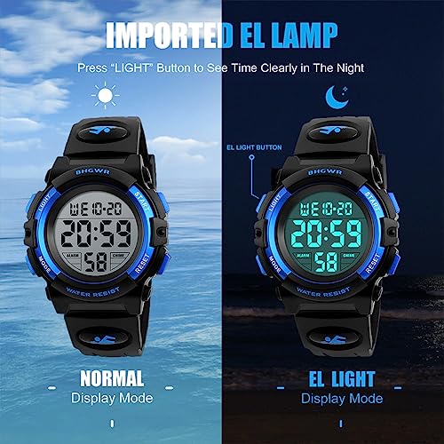 BHGWR 5 Relojes Deportivos para niños, a Prueba de Agua con Alarma/Temporizador/luz, Azul