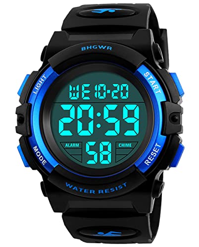 BHGWR 5 Relojes Deportivos para niños, a Prueba de Agua con Alarma/Temporizador/luz, Azul