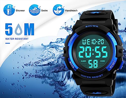 BHGWR 5 Relojes Deportivos para niños, a Prueba de Agua con Alarma/Temporizador/luz, Azul