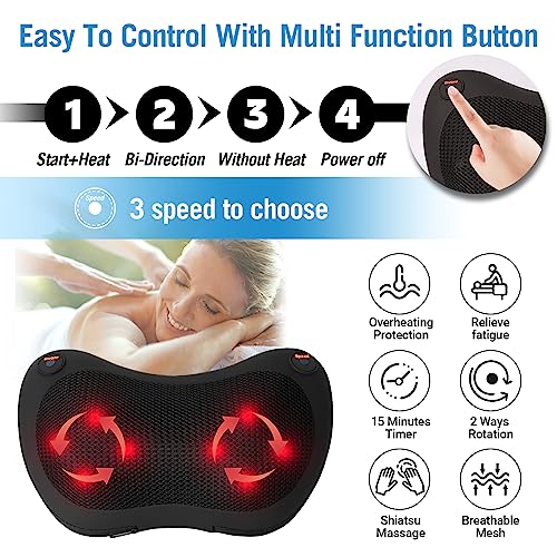 BIBIRE Shiatsu Masajeador eléctrico con función de calor, cojín de masaje para cuello, hombros y espalda con 8 cabezales de masaje, masajeador de espalda para alivio muscular de todo el cuerpo