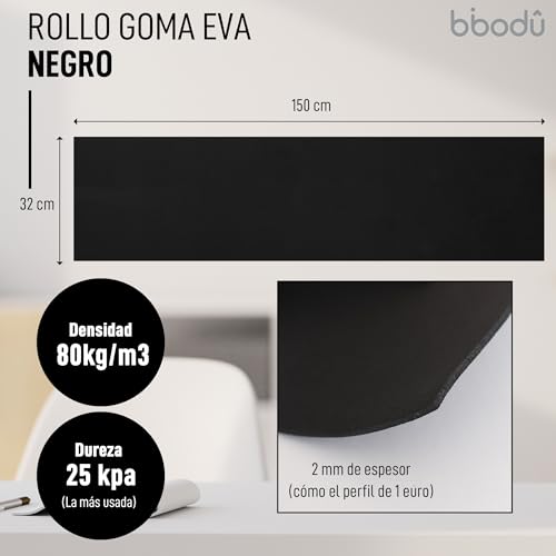 BIBODU Rollo Goma Eva Negra 2mm grosor | Tamaño 150 cm x 32cm, Densidad 80 kg/m3 | Goma Eva Color Negro para Manualidades DIY, Disfraces Cosplay, Halloween | Apto Niños y Niñas