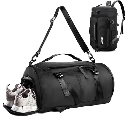 Bibykivn Bolsa Deporte Gimnasio, Bolsa Deporte Fitness und Mochila Función, Bolsa de Viaje Deportiva con Compartimento Zapatos y Bolsillo Húmedo para Viajes, Deportes, Fitness (Negro)