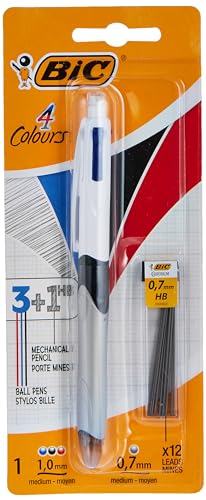 BIC 4 Colores Bolígrafo de Punta Media (1,0mm) Multifunción 3+1HB con 12 minas de Recambio 0,7mm - Colores Surtidos - Ideal para profesionales