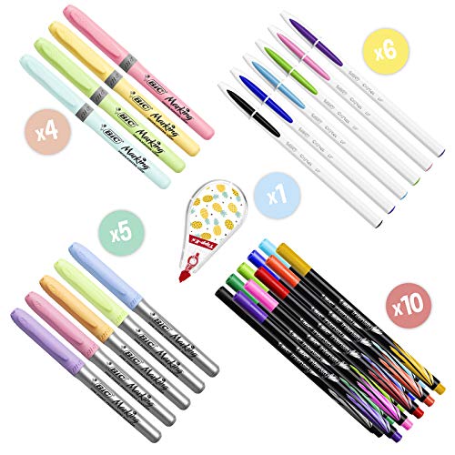 BIC My Stationery Box, 10 Marcadores, 6 Bolígrafos, 4 Rotuladores, 1 Cinta Correctora, 5 Marcadores Permanentes, 2 Blocs De Notas Adhesivas Y 1 Libreta A5 (Blanco), Multipack de 28 Unidades