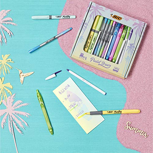 BIC Pastel Dream Kit - 3 Bolígrafos Gel-ocity Quick Dry/4 Rotuladores Intensity Medium/4 Marcadores Pastel/ 4 Bolígrafos/ 1 Cuaderno - Caja de Regalo con 16 uds.