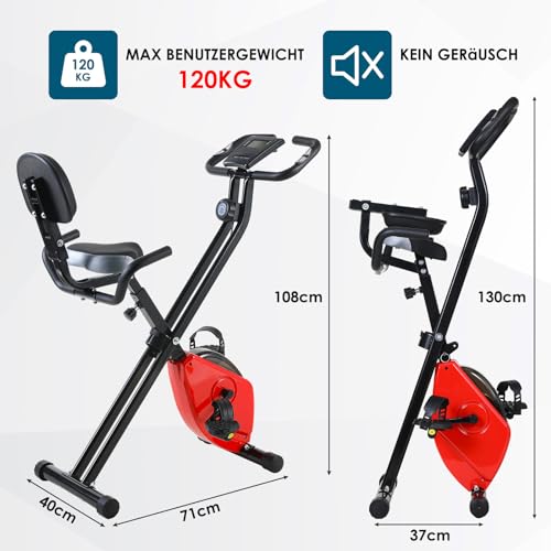 Bicicleta Estática Plegable, Ocupa poco espacio, 8 Nivel de Resistencia Ajustable, Asiento Acolchado Ajustable con Respaldo, Sensor de Agarre para Pulso, Silencioso, Bici Fitness Ejercicio en Casa