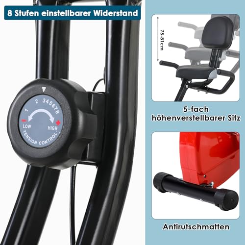 Bicicleta Estática Plegable, Ocupa poco espacio, 8 Nivel de Resistencia Ajustable, Asiento Acolchado Ajustable con Respaldo, Sensor de Agarre para Pulso, Silencioso, Bici Fitness Ejercicio en Casa