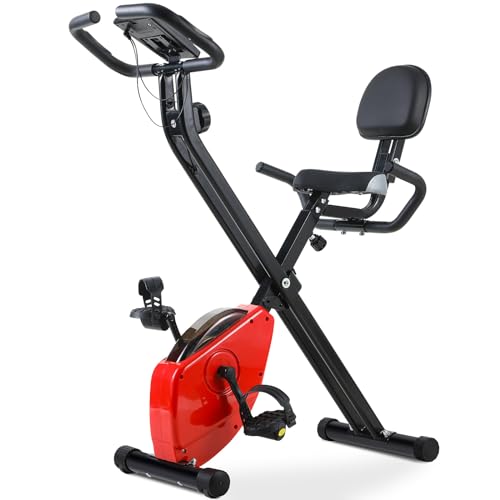 Bicicleta Estática Plegable, Ocupa poco espacio, 8 Nivel de Resistencia Ajustable, Asiento Acolchado Ajustable con Respaldo, Sensor de Agarre para Pulso, Silencioso, Bici Fitness Ejercicio en Casa