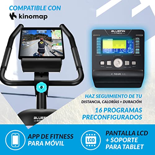 Bicicleta Estática Tour FIT, Bluefin Fitness/Bicicleta Estática para Casa/Sensor de Pulso/Con Kinomap/Máquina de Pedalear/Consola LCD/Bicicleta Estática de Resistencia Magnética