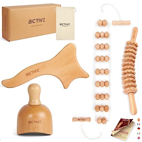 BICTIVE Kit Maderoterapia 4 en 1 con Bolsa Calidad Profesional. Masajeador Anticelulitico, Drenaje Linfatico Piernas, Kit Maderoterapia Corporal, Rodillo Masaje Celulitis, Madera, Piernas y Glúteos.