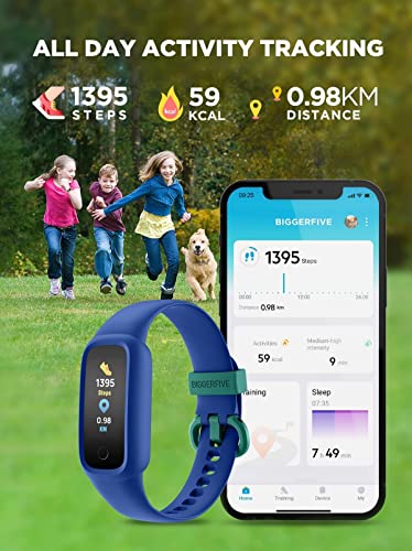 BIGGERFIVE Vigor Reloj de Seguimiento de Actividad física para niños de 2 l para niñas y niños de 5 a 15 años, Pulsera Actividad, podómetro, Monitor de Ritmo cardíaco Durante el sueño, Azul