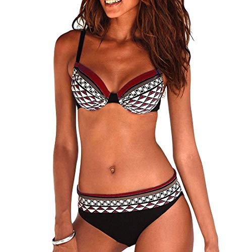 Bikini Mujer Estampado Tribal Push Up Trajes de Baño Ropa Sexy Bohemia Conjunto Bikinis (Vino Rojo, XL)