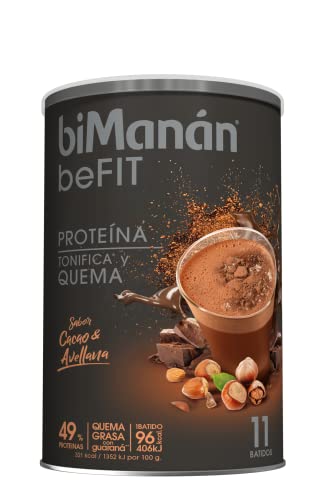 biManán - beFIT Batido Sabor Cacao y Avellanas, Bebida de Proteína para Tonificar tu Masa Muscular en Polvo, con Guaraná Quemagrasas, Fibra, Ácido Fólico, Vitaminas y Minerales - 11 Batidos, 330 g