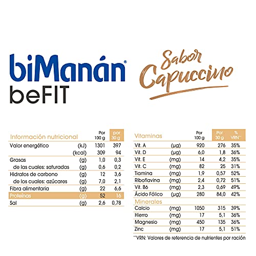 biManán - beFIT Batido Sabor Capuccino, Bebida de Proteína para Tonificar tu Masa Muscular en Polvo, con Fibra, Vitaminas y Minerales, Sin Aceite de Palma ni Azúcares Añadidos - 18 Batidos, 540 g