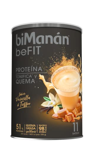 biManán - beFIT Batido Sabor Vainilla y Toffee, Bebida de Proteína para Tonificar tu Masa Muscular en Polvo, con Guaraná, Fibra, Ácido Fólico, Vitaminas y Minerales - 11 Batidos, 330 g