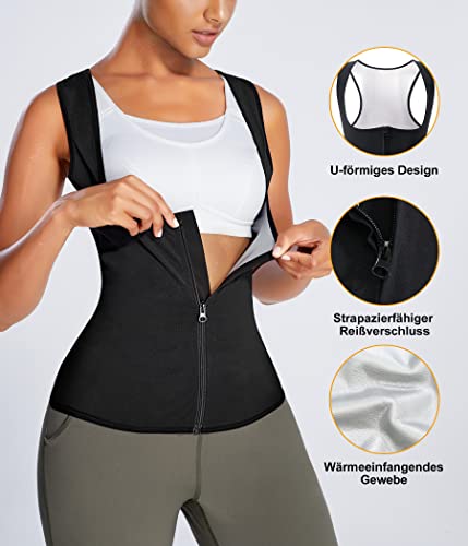 Bingrong Chaleco Efecto Sauna Deportivo Mujer Faja Reductora Adelgazante Abdominal Camiseta Sudoración Compresión de Cremallera para Deporte Fitness Body Reductor (M, Negro)