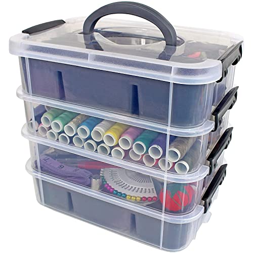 Bins & Things Caja de Almacenaje Apilable y 2 Bandejas de Plástico Compartimentadas – Azul – Caja Organizadora Transparente – Organizador de Joyas y Abalorios – Caja de Costura y Kit de Manualidades