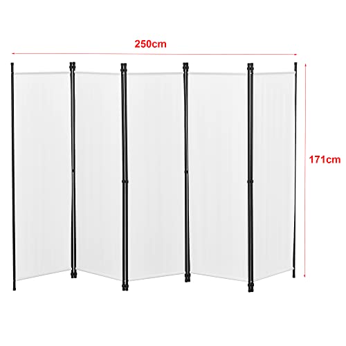 Biombo Separador de 5 Paneles Huesca 171 x 250 cm Decoración Interior contra Visión Mampara Lateral Protectora Pantalla Divisor de Habitaciones Acero Blanco