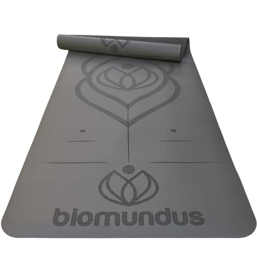 biomundus Esterilla Yoga Mat Antideslizante para Deporte en Casa Colchoneta Gimnasia Material Ecologico Línea de Posición Correa y Bolsa de Fitness Caucho + PU 4mm