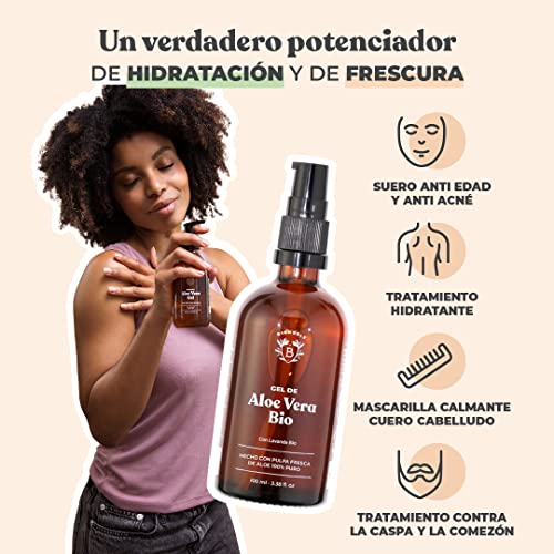 Bionoble Gel de Aloe Vera Orgánico 100ml - Hecho con Pulpa Fresca de Aloe 100% Puro y Lavanda - Sin Xantano - Rostro, Contorno de Ojos, Cuerpo, Cabello - Botella de vidrio + Bomba