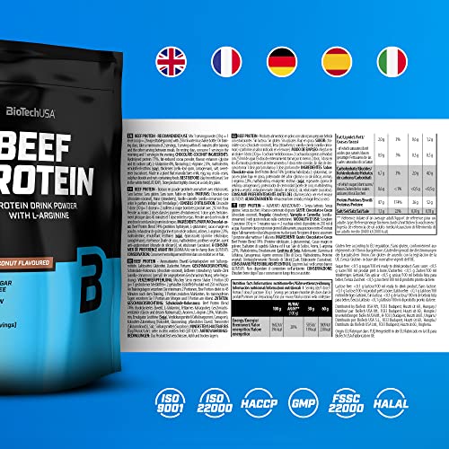 BioTechUSA Beef Protein, 87% Hydrolysed Protein Peptide Formula, Sin Lactosa ni Gluten, Bajo en Grasa, Sin Azúcar, Apto para la Dieta Paleo, 500 g, Chocolate-coco