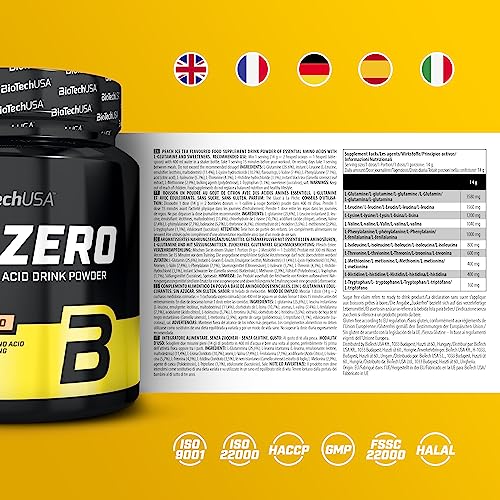 BioTechUSA EAA Zero - Essential Amino Acid Power | 7160mg EAA/porción | Proporción recomendada por la OMS | Sin azúcar, sin gluten, 350 g, Té Helado De Melocotón