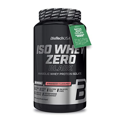 BioTechUSA Iso Whey Zero Black - Proteína Premium con Creatina, Zinc, Vitamina B3 y Aminoácidos | 90% Proteína | Sin Azúcar, Sin Lactosa, Sin Gluten, 908 g, Fresa