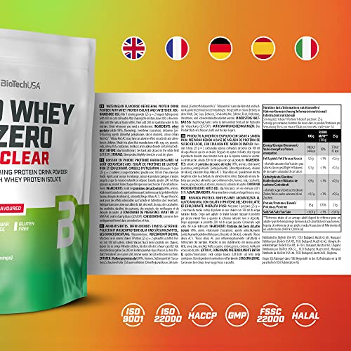 BioTechUSA Iso Whey Zero Clear bebida en polvo, Refrescante, Sin Azúcar, Sin Lactosa, Sin Gluten, 5 Sabores Frutales, 88 kcal, 21g Proteína, BCAAs, 454 g, Sandía para