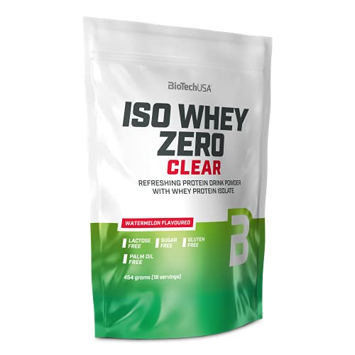 BioTechUSA Iso Whey Zero Clear bebida en polvo, Refrescante, Sin Azúcar, Sin Lactosa, Sin Gluten, 5 Sabores Frutales, 88 kcal, 21g Proteína, BCAAs, 454 g, Sandía para