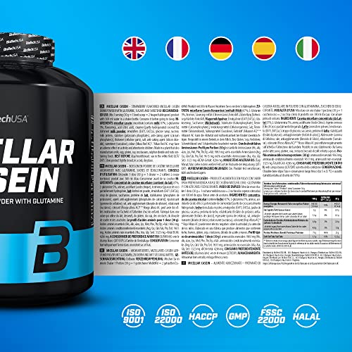 BioTechUSA Micellar Casein Protein Powder - Tiempo de absorción prolongado, sin gluten y sin grasa - L-Glutamina añadida, 2.27 kg, Fresa