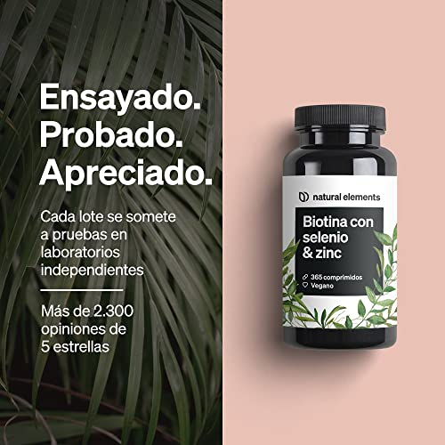 Biotina + Zinc + Selenio - 365 pastillas veganas (Suministro para 1+ año) - Vitaminas para el cabello - Apoya el crecimiento del pelo, fortalece la piel y las uñas - Sin aditivos