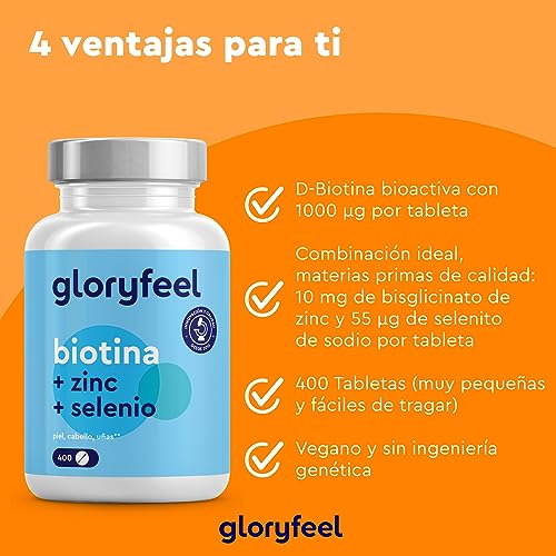 Biotina + Zinc + Selenio - 400 pastillas veganas (Suministro para 1+ año) - Vitaminas para el cabello - Apoya el crecimiento del pelo, fortalece la piel y las uñas - Sin aditivos