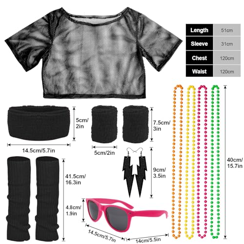 BIQIQI Disfraz Años 80 Mujer Camiseta Rejilla Calentadores de Pierna Diadema Muñequeras Pendientes Collar y Gafas de Sol para Disfraces 80s Fiesta Canaval Navidad Halloween Negro