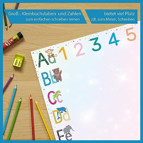 blaash® Tapete de escritorio XXL ABC, papel DIN A2, brillante, bloc de 25 hojas con mucho espacio para pintar, escribir o garabatear, base de escritorio para niñas y niños, protector de mesa infantil