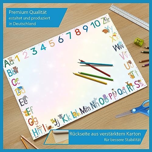 blaash® Tapete de escritorio XXL ABC, papel DIN A2, brillante, bloc de 25 hojas con mucho espacio para pintar, escribir o garabatear, base de escritorio para niñas y niños, protector de mesa infantil