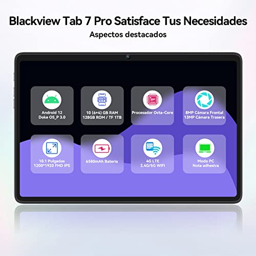 Blackview Tablet 10 Pulgadas Android 12 Tab 7 Pro 6GB RAM + 128GB ROM(1TB TF), Dual 4G LTE + 5G WiFi, Octa Core, Batería 6580mAh/FHD 1920 * 1200/8MP+13MP/BT 5.0/GPS/OTG/Type C