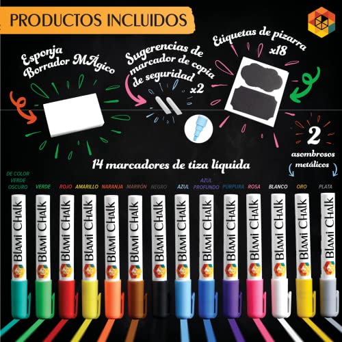 Blami Arts 14 Paquete Rotuladores de Tiza Líquida, 18 Etiquetas, Tiza Líquida para Pizarra, Borrable para Vidrio, Metal, Plástico, con Puntas Reversibles y Esponja