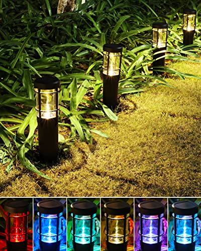 BLOOMWIN Lamparas Solares Exterior Camino, 4 Pack Baliza Solar Exterior Jardín Blanco Cálido y RGB Cambio de Color, Luces Solares LED Exteriores Césped Impermeable IP65 Iluminación Entrada Pasarela